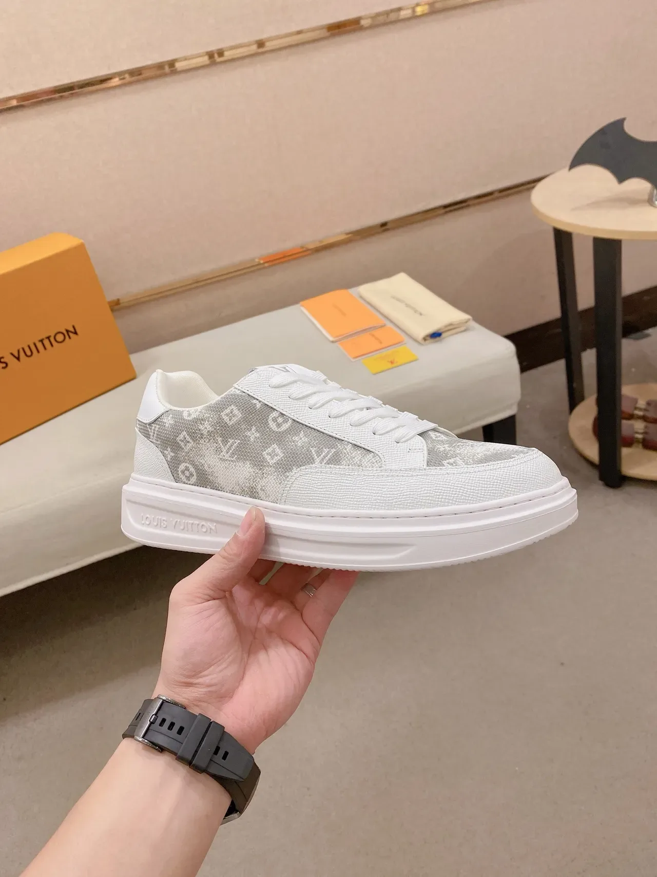 Louis Vuitton White Gray Low-Top Monogrammed Textile Panel Lifestyle Sneakers 5