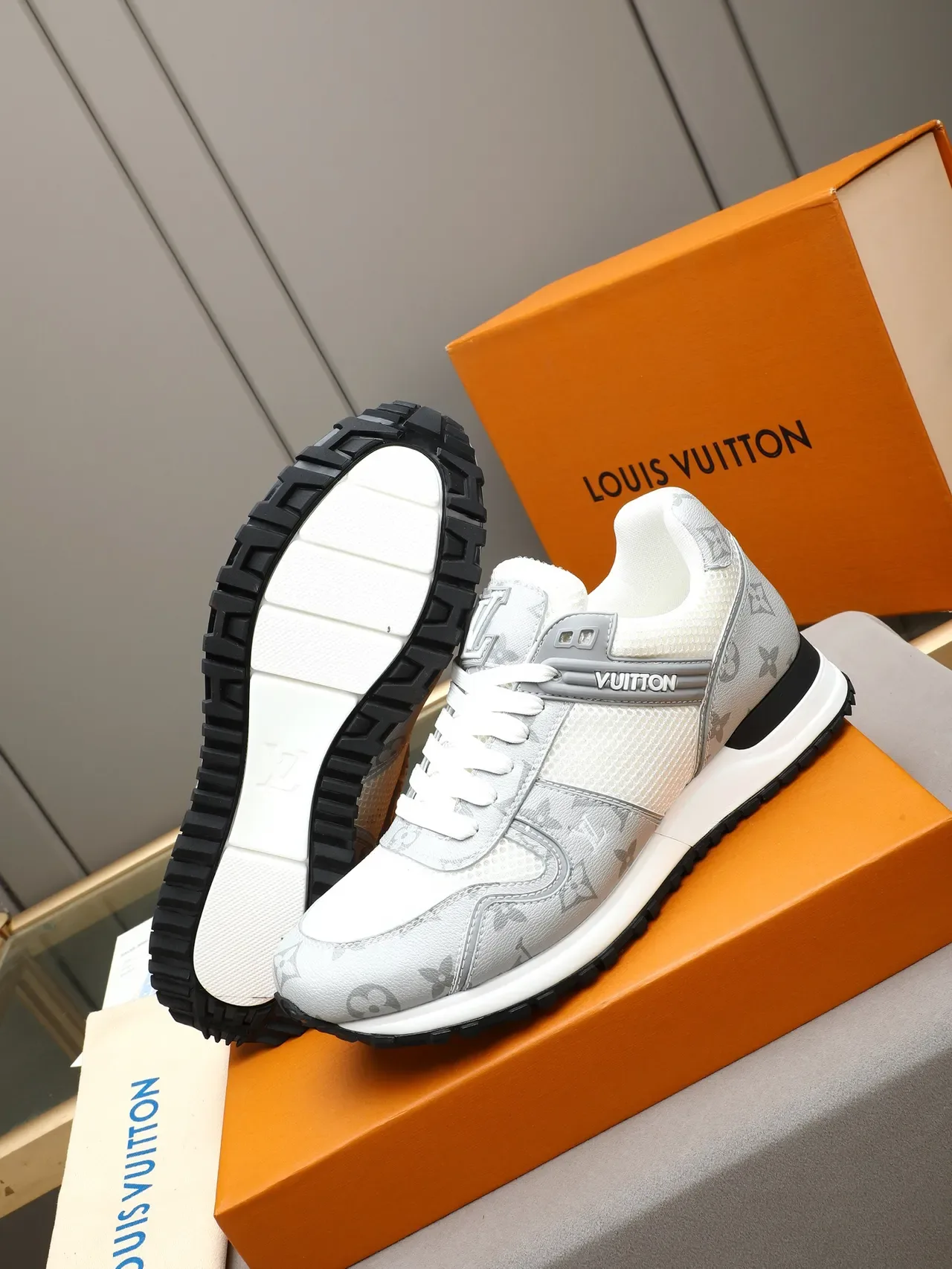 Louis Vuitton White Gray Mesh And Monogram-Coated Leather Overlay Branded Side Strap Lifestyle Sneakers 12