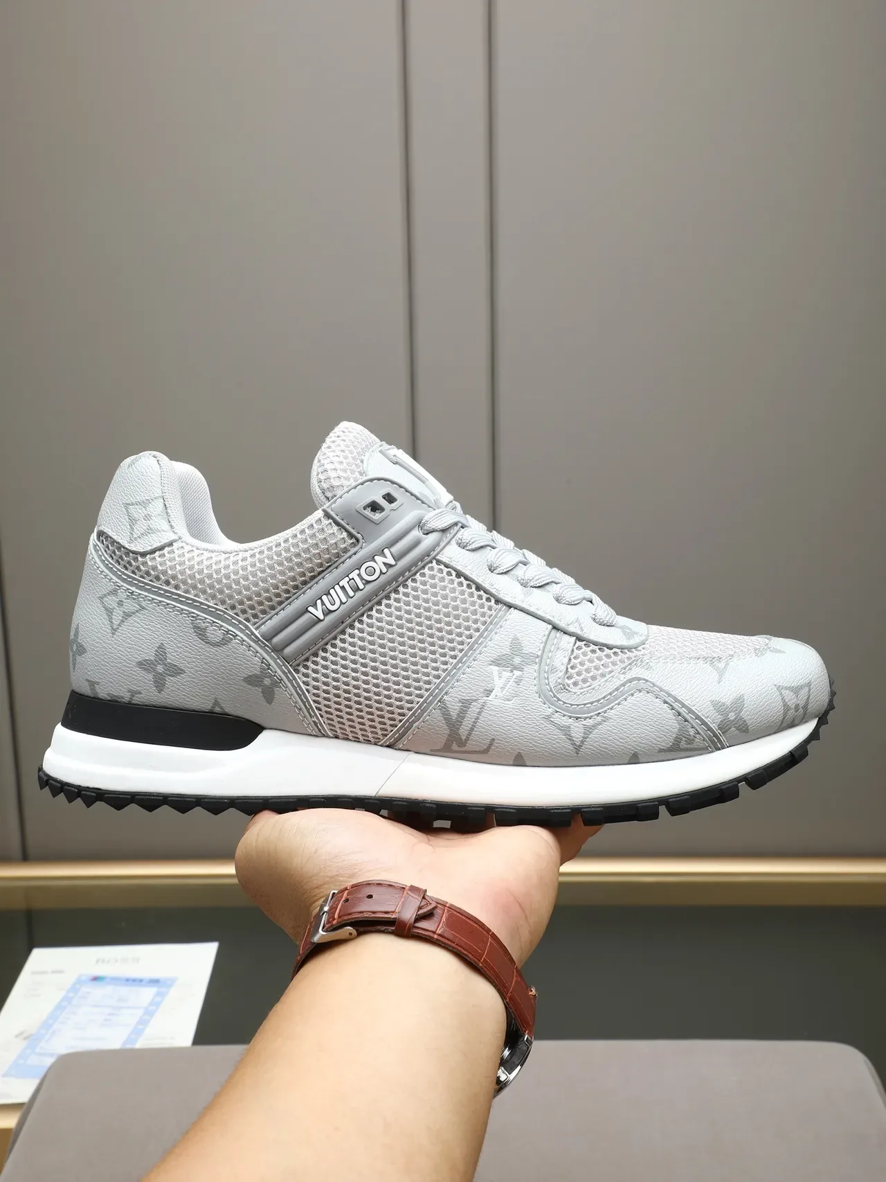 Louis Vuitton White Gray Mesh And Monogram-Coated Leather Overlay Branded Side Strap Lifestyle Sneakers 16