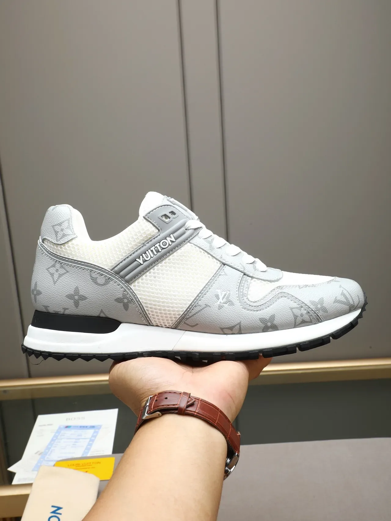 Louis Vuitton White Gray Mesh And Monogram-Coated Leather Overlay Branded Side Strap Lifestyle Sneakers 17