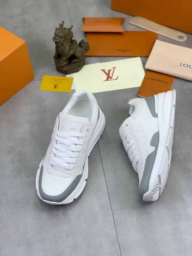 Louis Vuitton White Gray Monogram-Embossed Leather Chunky Platform Sole Lifestyle Sneakers 4
