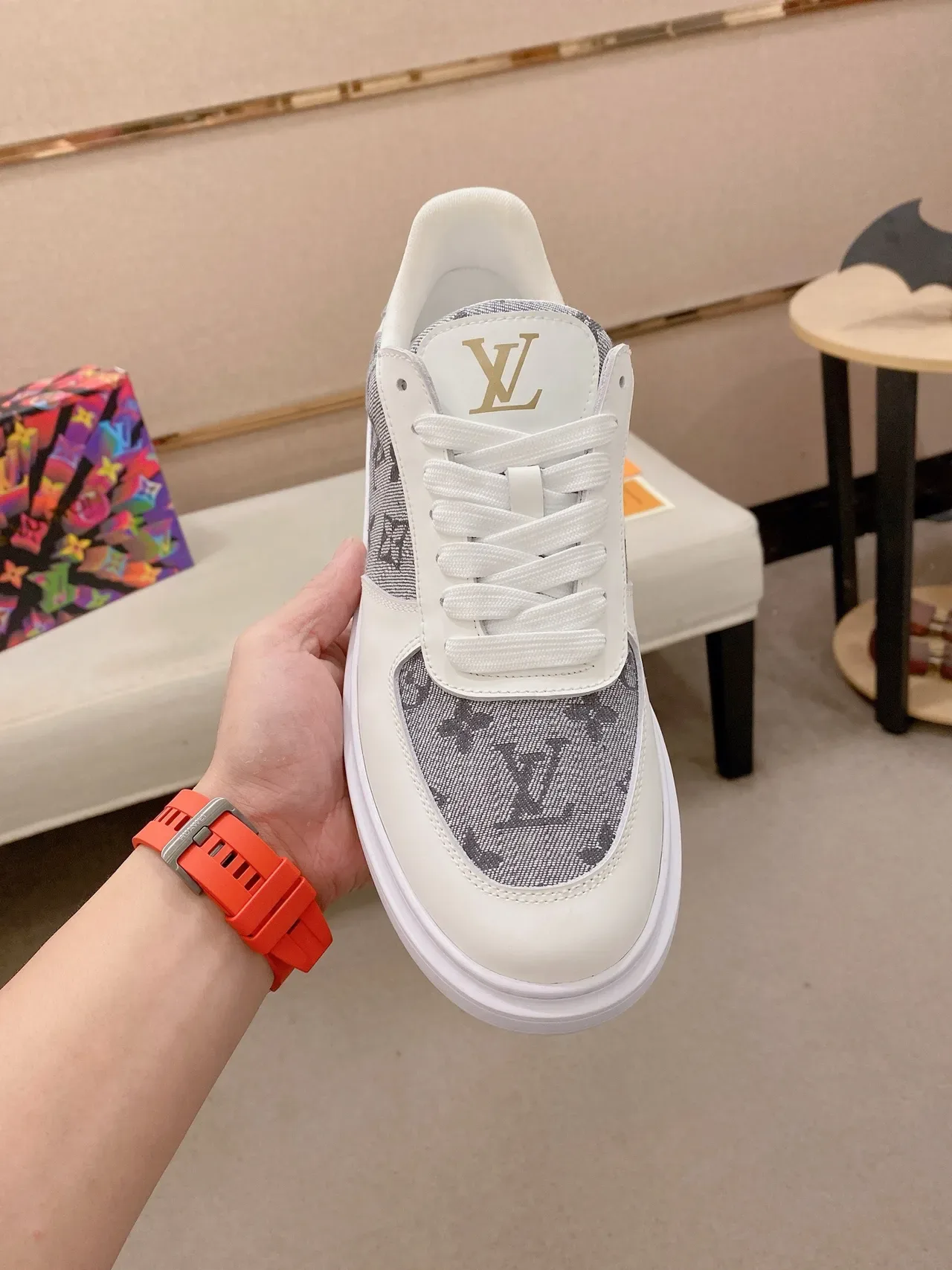 Louis Vuitton White Gray Monogram Textile Panel Leather Toe Cap Lifestyle Sneakers 2