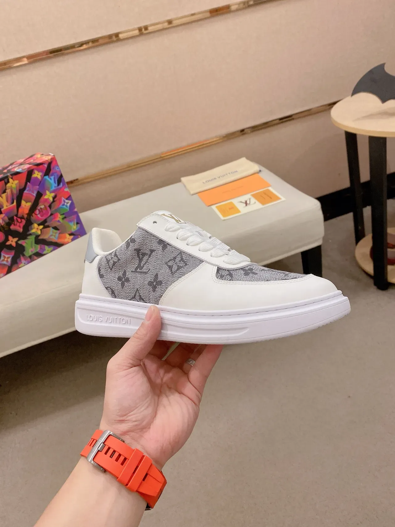 Louis Vuitton White Gray Monogram Textile Panel Leather Toe Cap Lifestyle Sneakers 4