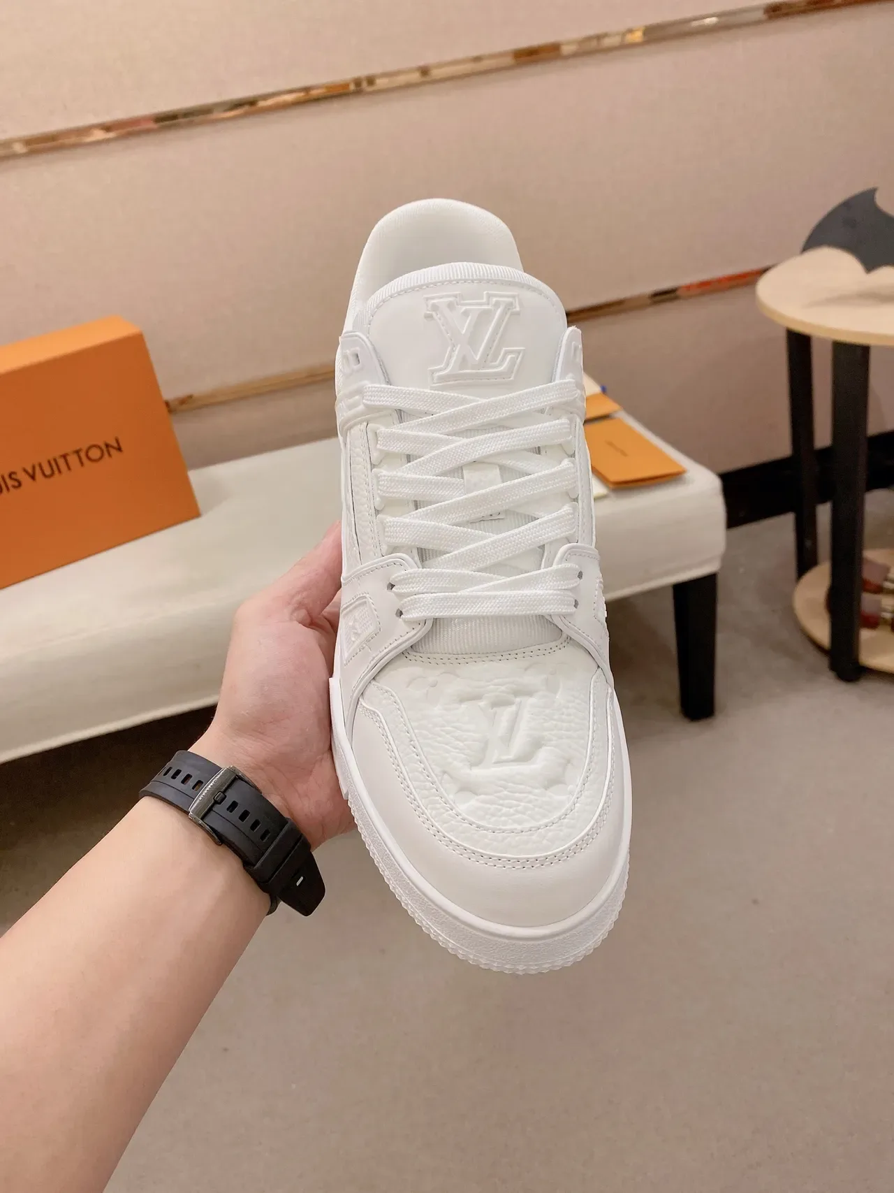 Louis Vuitton White Monogram-Embossed Leather Dual Strap Overlay Lifestyle Sneakers 5