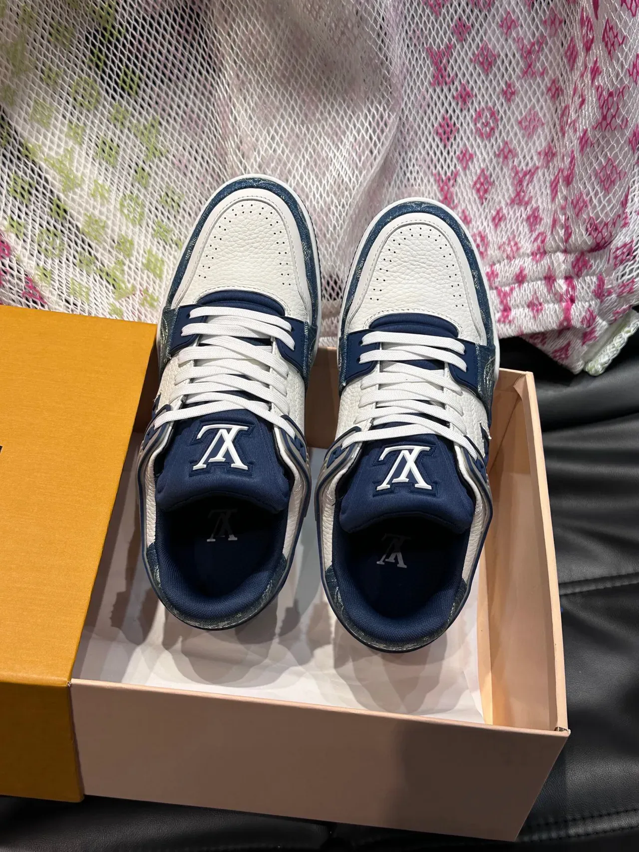 Louis Vuitton White Navy Monogrammed Side Stripe Perforated Leather Toe Lifestyle Sneakers 4