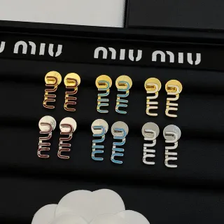 Miu Miu Gold Blue Logo Motif Enamel Accent Earrings