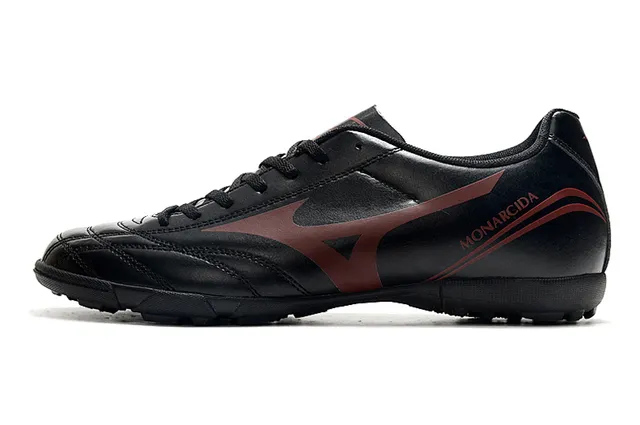 Mizuno Chaussures de soccer indoor à lacets en cuir synthétique noir et rouge, low-cut, avec tige en cuir synthétique 7