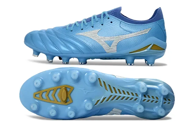 Mizuno Morelia Neo Light Blue Silver Gold Firm-Ground Soccer Shoes 6