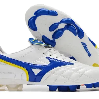 Mizuno White Blue Quilted Leather Upper Wave Logo Firm-Ground Soccer Shoes