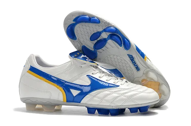 Mizuno Chaussures de Football Blanc Bleu Cuir Quilté avec Logo Wave en Terrain Ferme 2