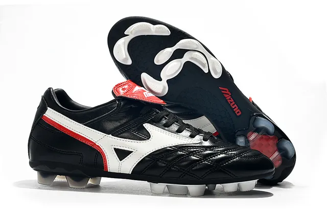 Mizuno Chaussures de Football Blanc Bleu Cuir Quilté avec Logo Wave en Terrain Ferme 3