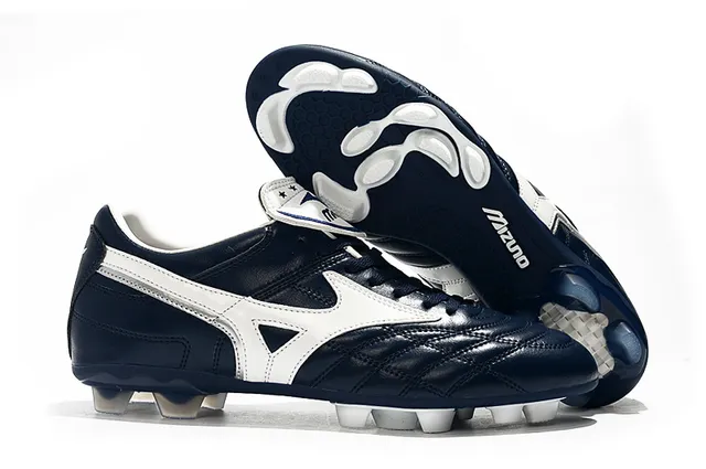 Mizuno Chaussures de Football Blanc Bleu Cuir Quilté avec Logo Wave en Terrain Ferme 4