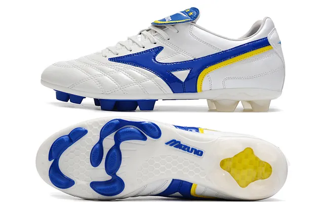 Mizuno Chaussures de Football Blanc Bleu Cuir Quilté avec Logo Wave en Terrain Ferme 5