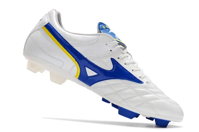 Mizuno Chaussures de Football Blanc Bleu Cuir Quilté avec Logo Wave en Terrain Ferme 6