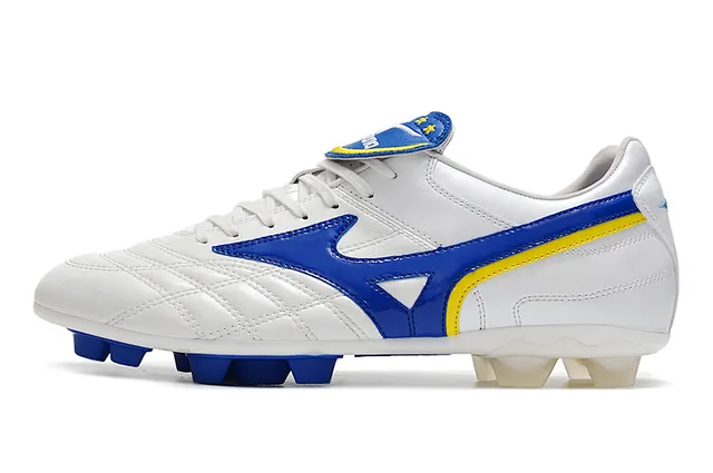 Mizuno Chaussures de Football Blanc Bleu Cuir Quilté avec Logo Wave en Terrain Ferme 8