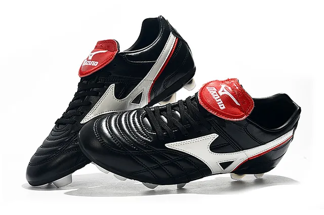Mizuno Chaussures de Football Blanc Bleu Cuir Quilté avec Logo Wave en Terrain Ferme 13