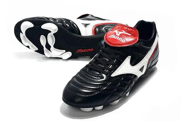 Mizuno Chaussures de Football Blanc Bleu Cuir Quilté avec Logo Wave en Terrain Ferme 14