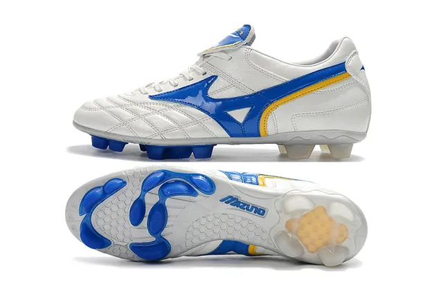 Mizuno Chaussures de Football Blanc Bleu Cuir Quilté avec Logo Wave en Terrain Ferme 17