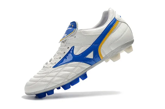 Mizuno Chaussures de Football Blanc Bleu Cuir Quilté avec Logo Wave en Terrain Ferme 19