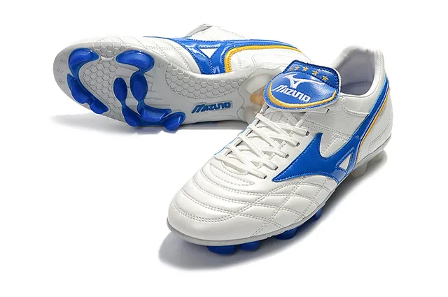 Mizuno Chaussures de Football Blanc Bleu Cuir Quilté avec Logo Wave en Terrain Ferme 22