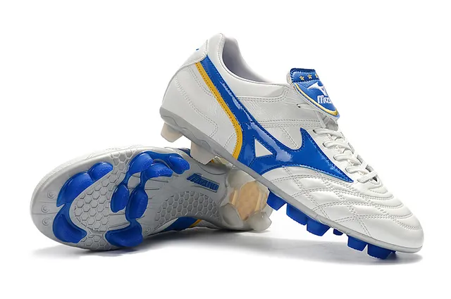 Mizuno Chaussures de Football Blanc Bleu Cuir Quilté avec Logo Wave en Terrain Ferme 23