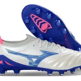 Mizuno White Blue Quilted Leather Upper Wave-Patterned Synthetic Overlay Firm-Ground Soccer Shoes