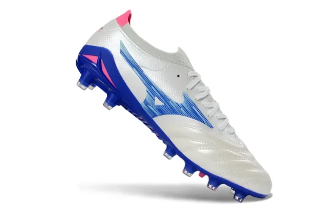 Mizuno Blanc Bleu Cuir matelassé Supérieur Motif d'onde Recouvrement Synthétique Terrain ferme Chaussures de football 2