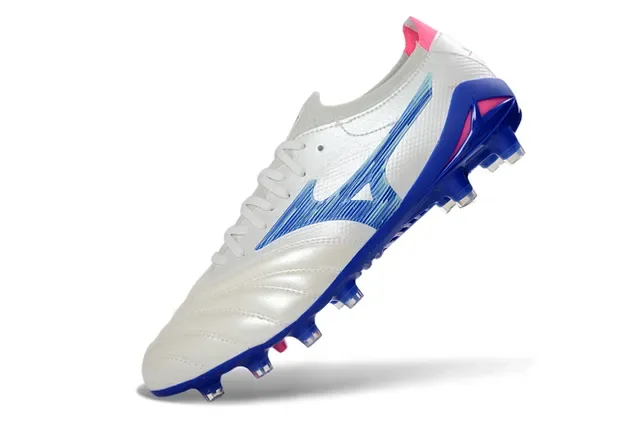Mizuno Blanc Bleu Cuir matelassé Supérieur Motif d'onde Recouvrement Synthétique Terrain ferme Chaussures de football 3