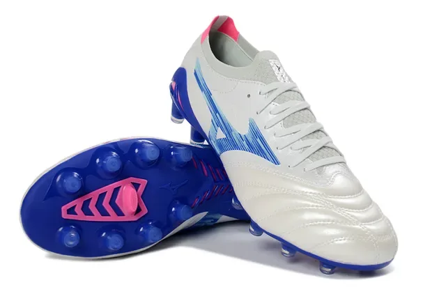 Mizuno Blanc Bleu Cuir matelassé Supérieur Motif d'onde Recouvrement Synthétique Terrain ferme Chaussures de football 4