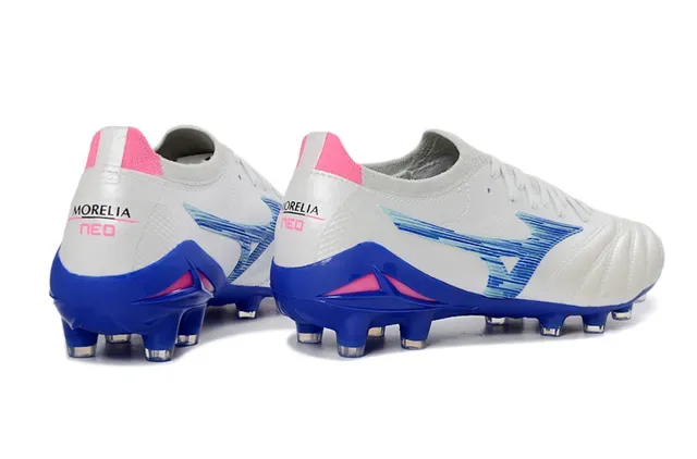 Mizuno Blanc Bleu Cuir matelassé Supérieur Motif d'onde Recouvrement Synthétique Terrain ferme Chaussures de football 5