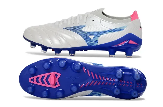 Mizuno Blanc Bleu Cuir matelassé Supérieur Motif d'onde Recouvrement Synthétique Terrain ferme Chaussures de football 6