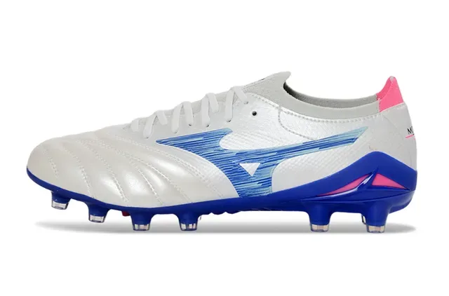 Mizuno Blanc Bleu Cuir matelassé Supérieur Motif d'onde Recouvrement Synthétique Terrain ferme Chaussures de football 7