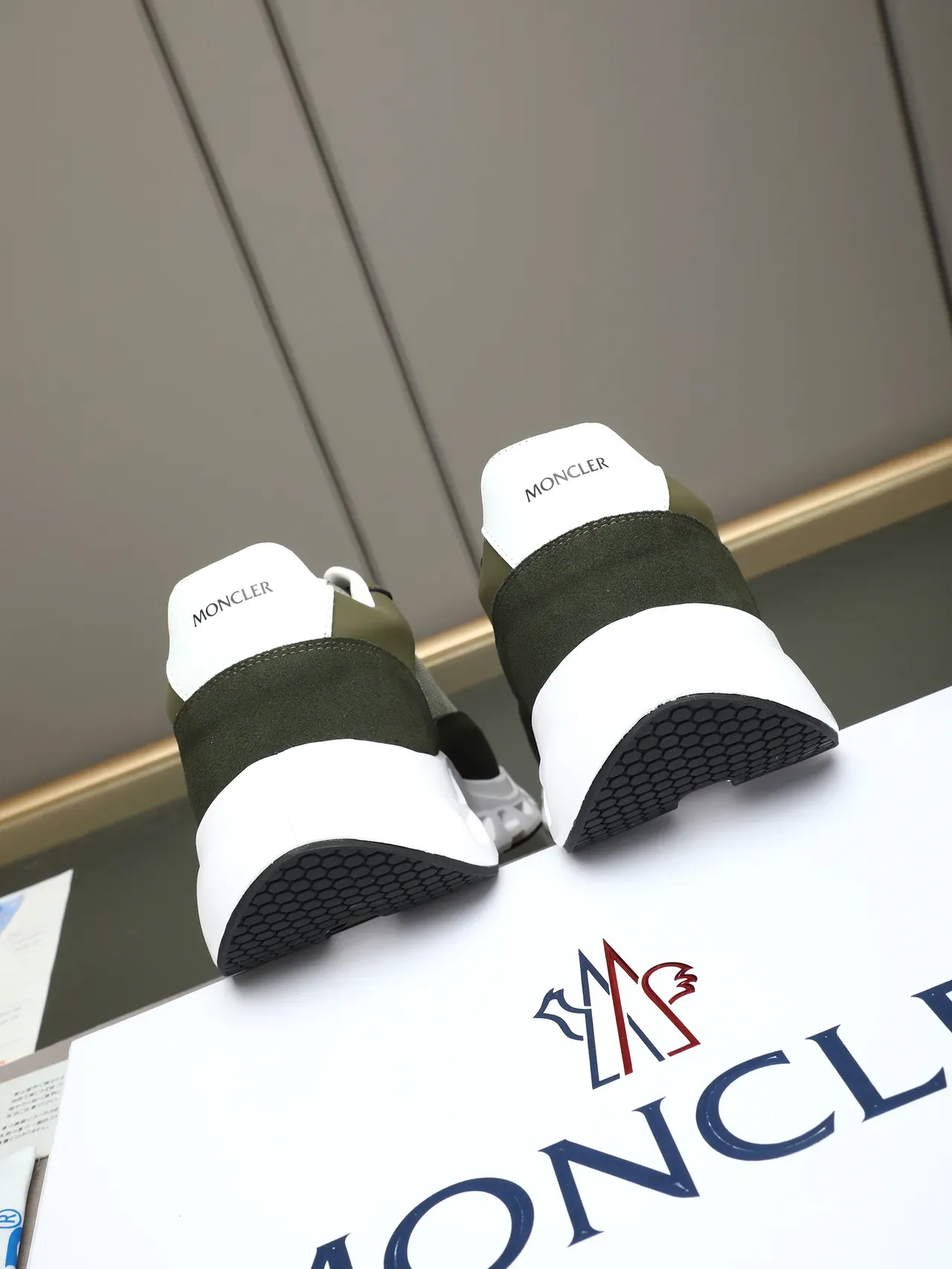 Moncler Army Green White Layered Suede And Mesh Upper Sculpted Vented Midsole Chunky Sneakers 3