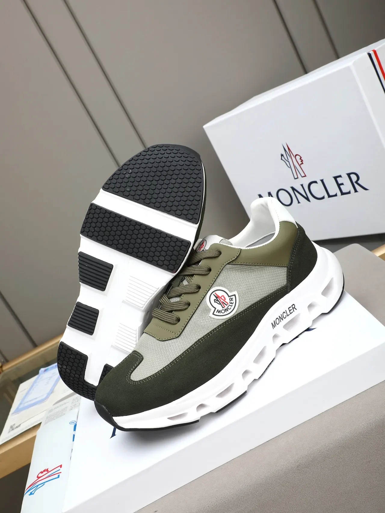 Moncler Army Green White Layered Suede And Mesh Upper Sculpted Vented Midsole Chunky Sneakers 4