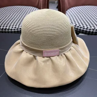 Moncler Beige Pink Woven Straw Crown Satin Ruffled Brim Band Fedora