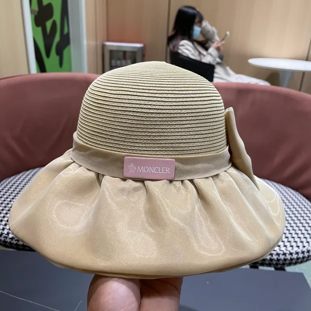 Moncler Beige Rose Paille Tressée Couronne Satiné à Volants Banda de Borde Fedora 4