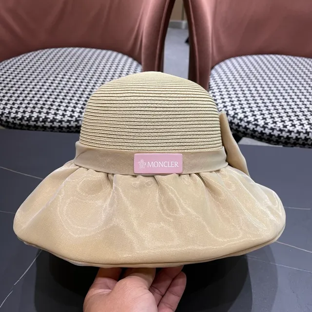 Moncler Beige Rose Paille Tressée Couronne Satiné à Volants Banda de Borde Fedora 5