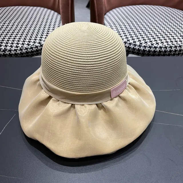 Moncler Beige Rose Paille Tressée Couronne Satiné à Volants Banda de Borde Fedora 8