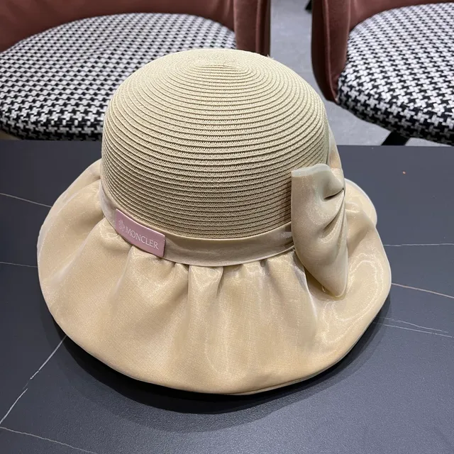 Moncler Beige Rose Paille Tressée Couronne Satiné à Volants Banda de Borde Fedora 9