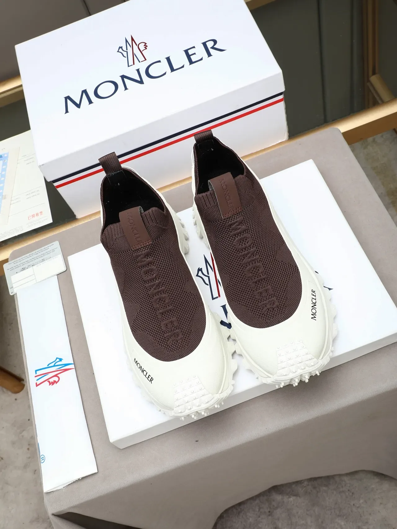 Moncler Marrom Branco Meia-Tricô Superior Solado Chunky Esculpido Tênis Lifestyle 2