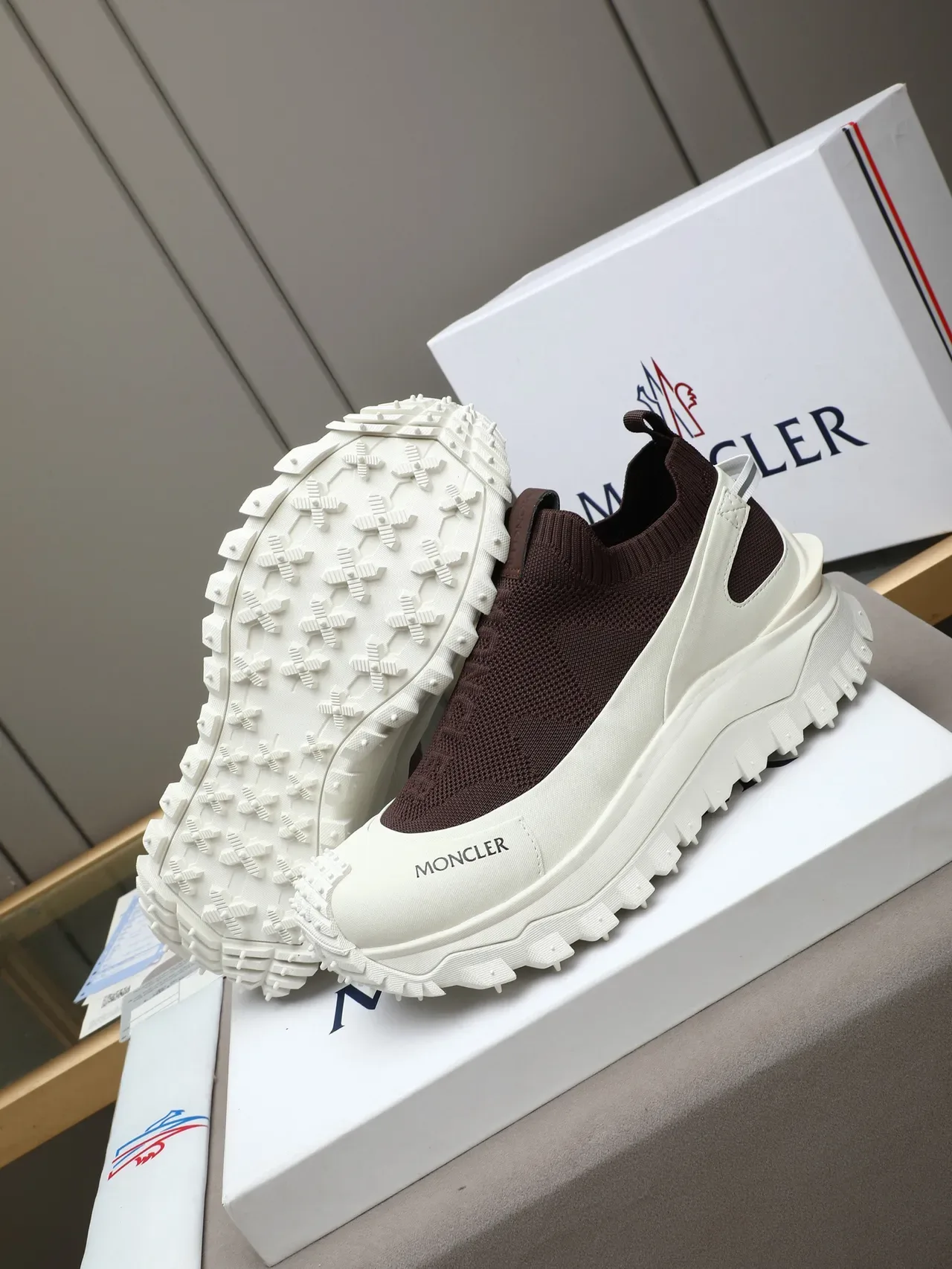 Moncler Marrom Branco Meia-Tricô Superior Solado Chunky Esculpido Tênis Lifestyle 4