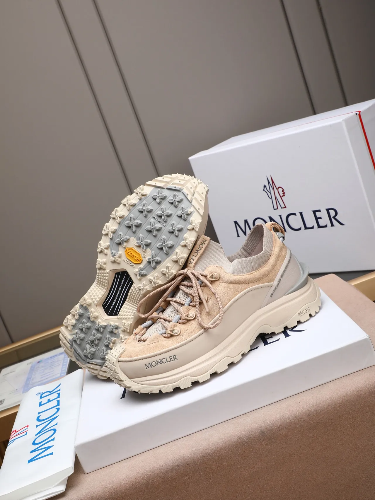 Moncler Grenoble Beige Gray Hiking-Inspired Chunky Sole Sneakers 4