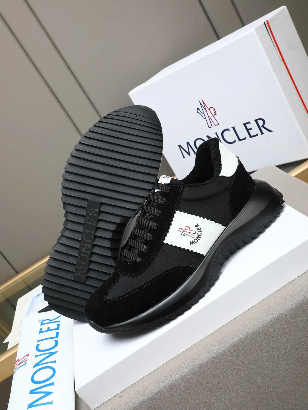 Moncler Lifestyle Sneaker Black and White Suede Textile Low-Top Sneaker 4