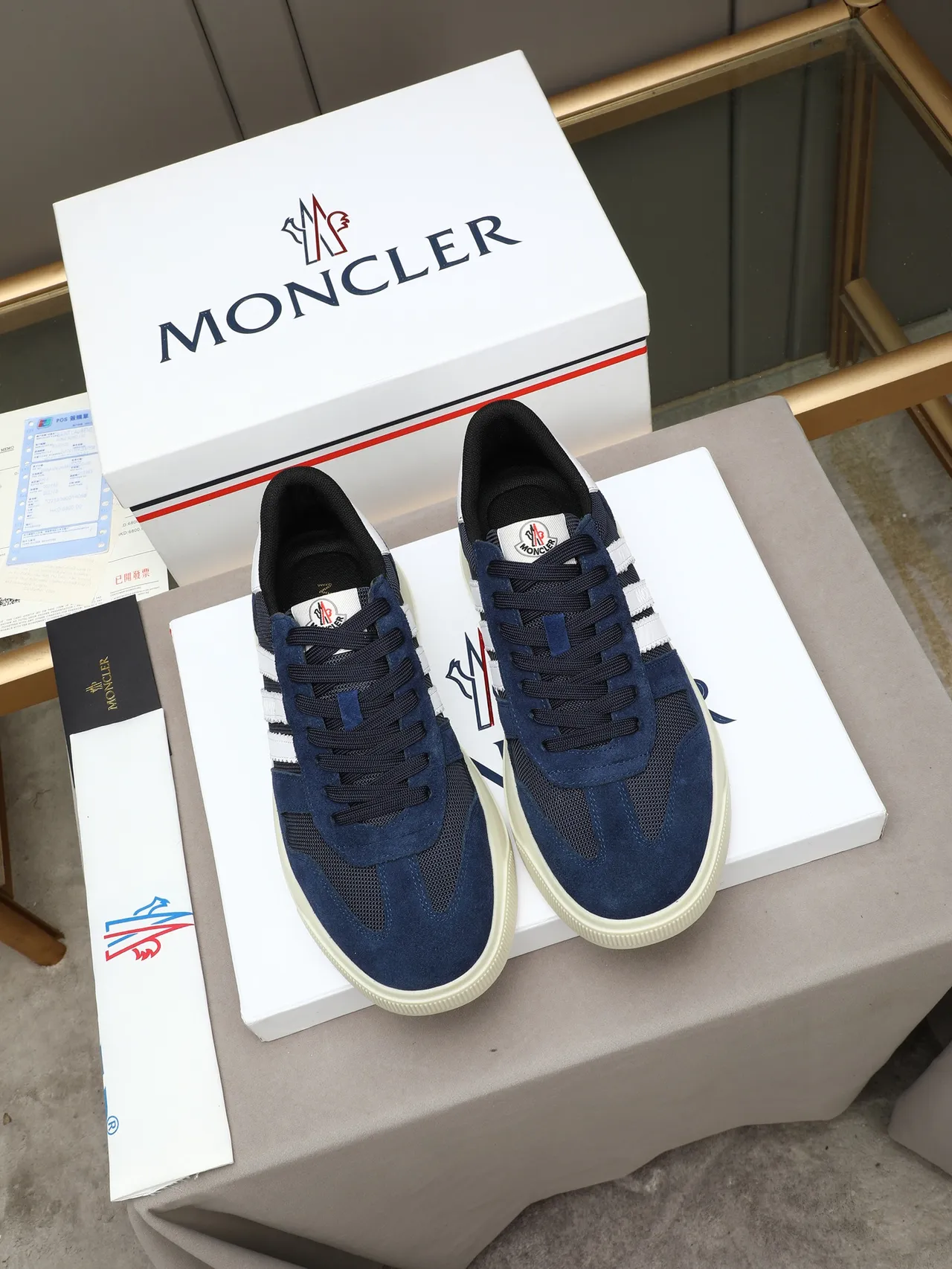Moncler Navy White Suede-Mesh Upper Serrated Triple Stripe Sneakers 3