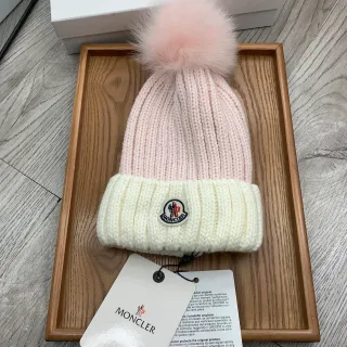 Moncler Pink Beige Ribbed Knit Contrasting Cuff Beanie