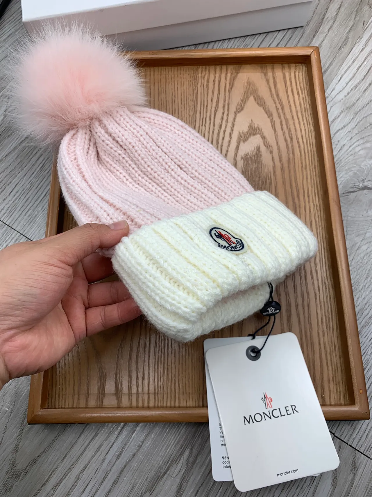 Moncler Pink Beige Ribbed Knit Contrasting Cuff Beanie 5
