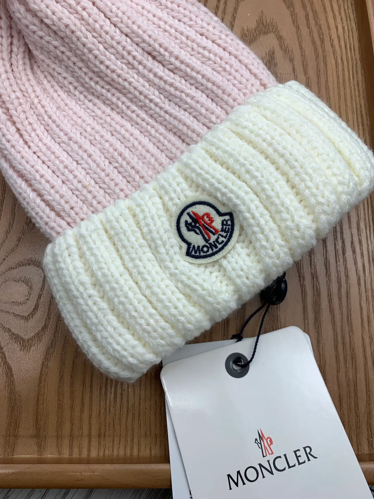 Moncler Pink Beige Ribbed Knit Contrasting Cuff Beanie 6