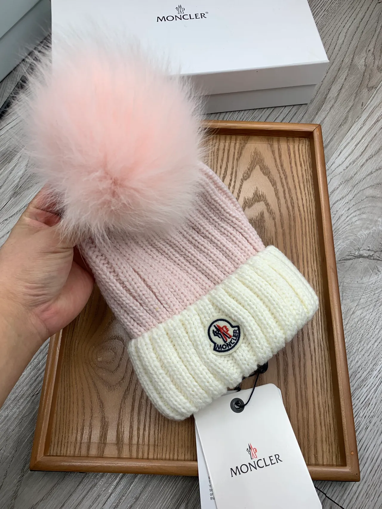 Moncler Pink Beige Ribbed Knit Contrasting Cuff Beanie 7