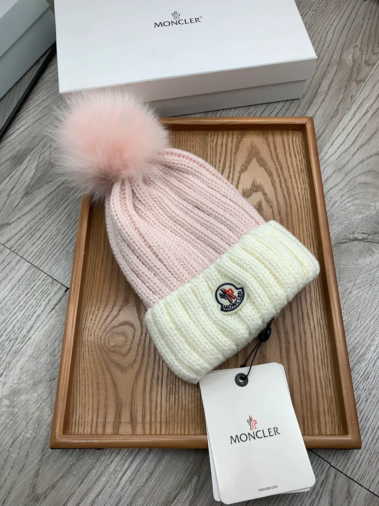 Moncler Pink Beige Ribbed Knit Contrasting Cuff Beanie 8