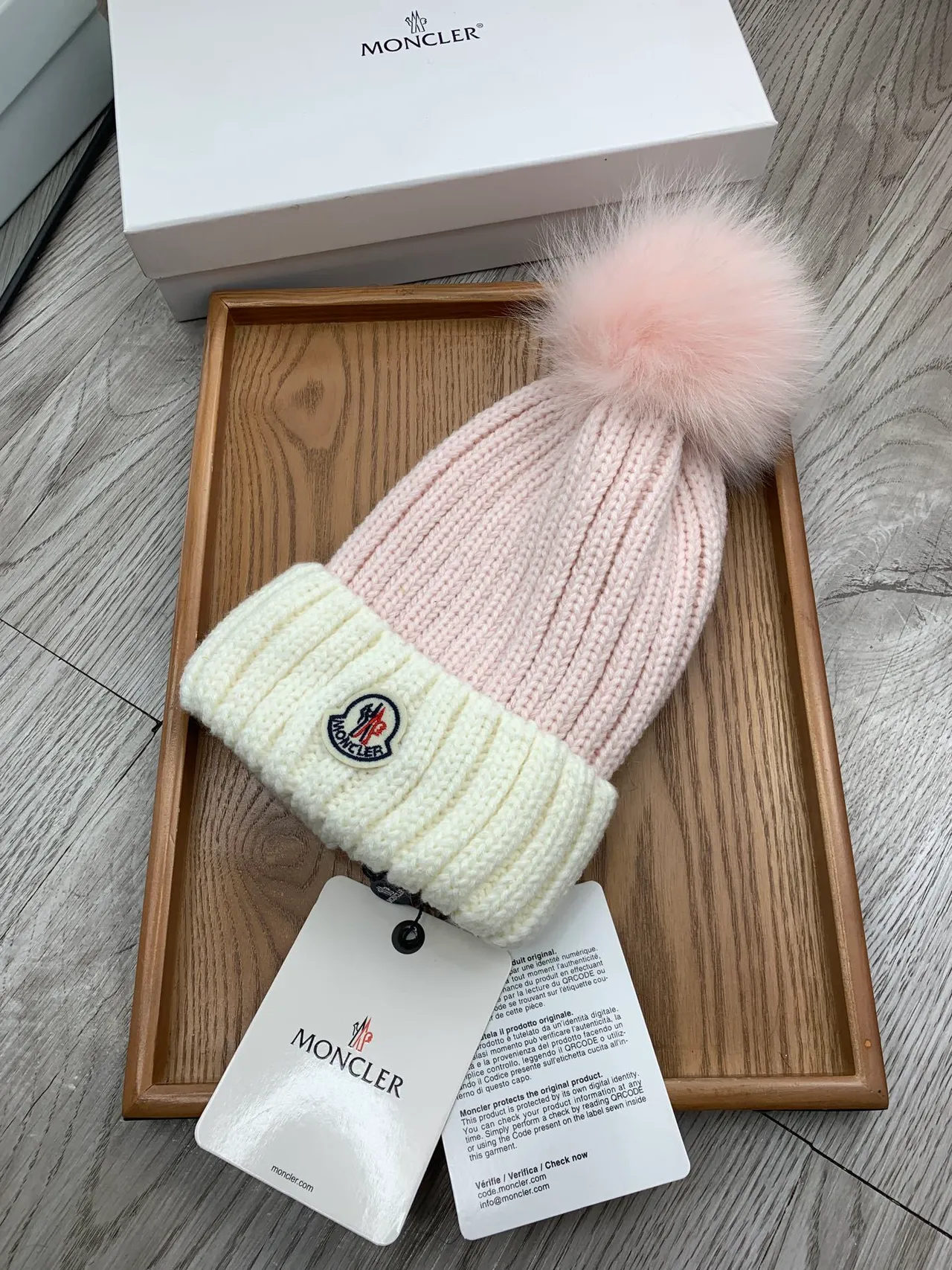 Moncler Pink Beige Ribbed Knit Contrasting Cuff Beanie 9